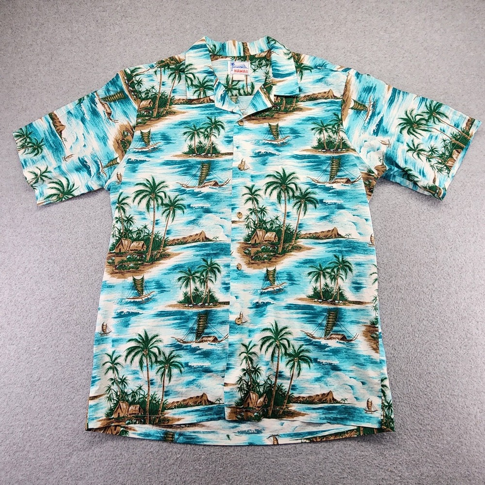 Vintage Hawaii Button Shirt‎ Mens XL Blue Tropical Hawaiian Palms Sailing Canoe